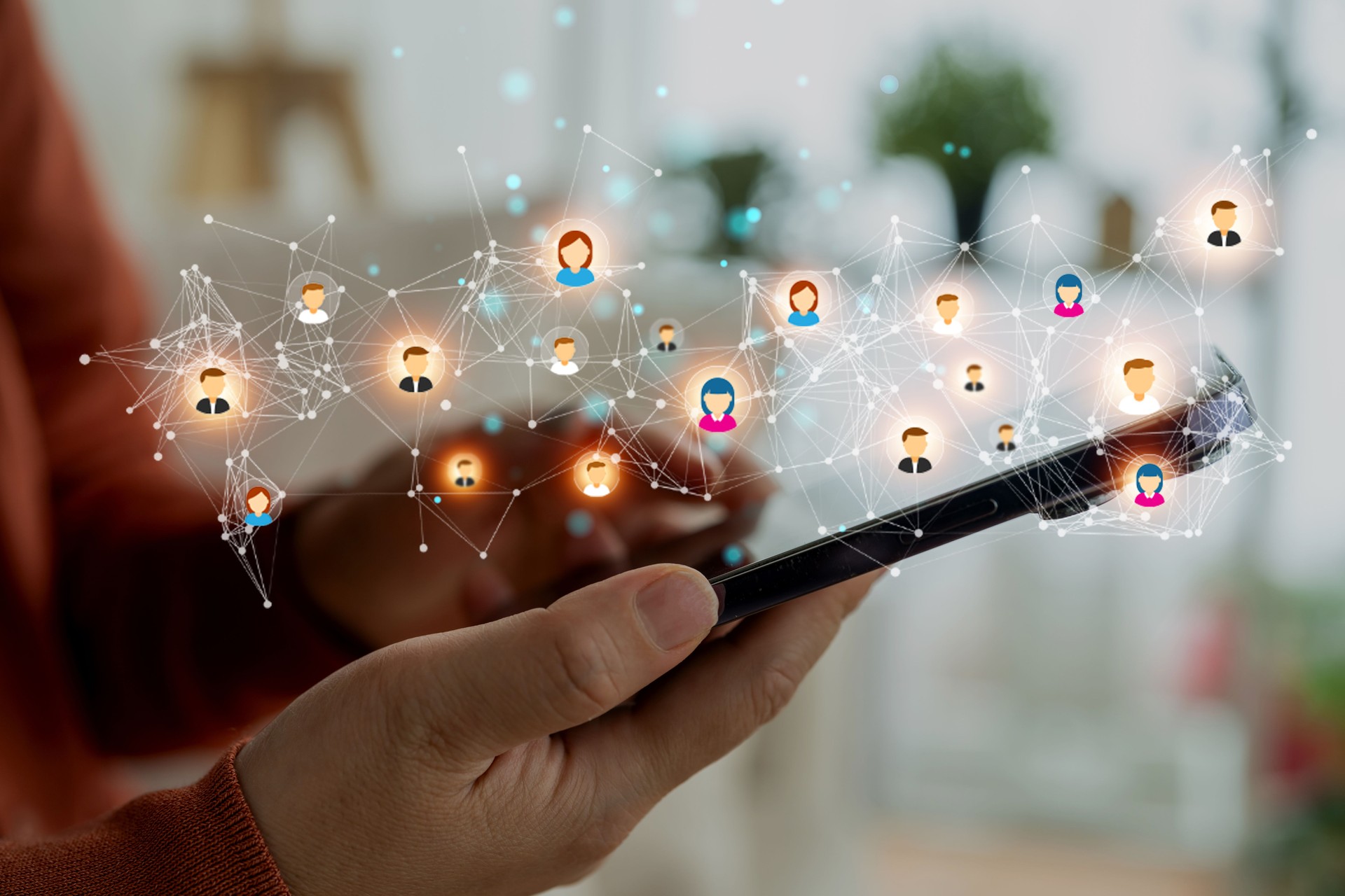 Social media marketing with smartphone and digital global communication, engagement, followers, digital marketing and influencer network, online brand promotion and social interaction, live streaming